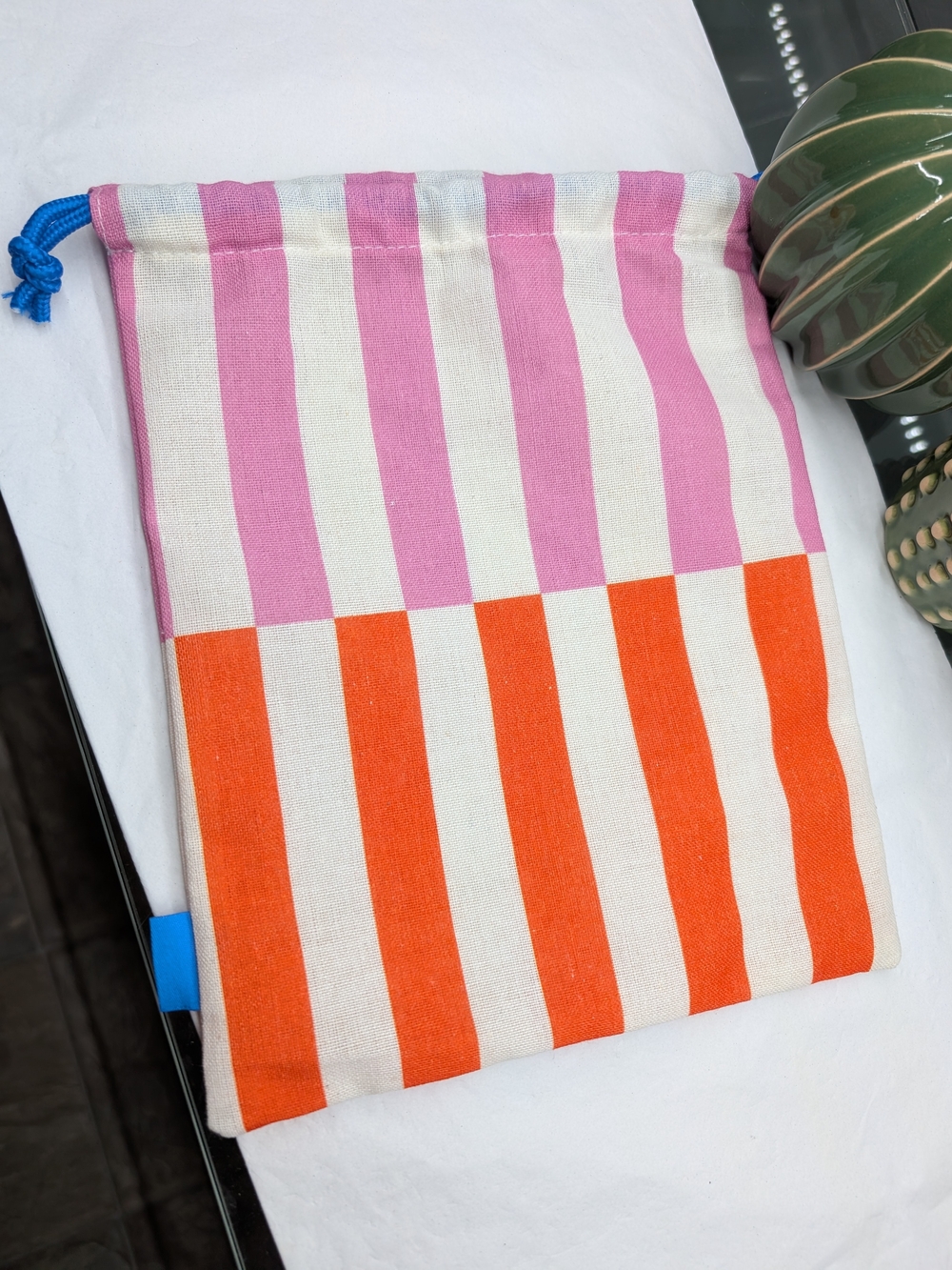 Ipsy Striped Pink, Orange &White Cotton Drawstring Bag